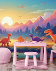 Papier Peint Enfant - Coucher De Soleil Dinosaures