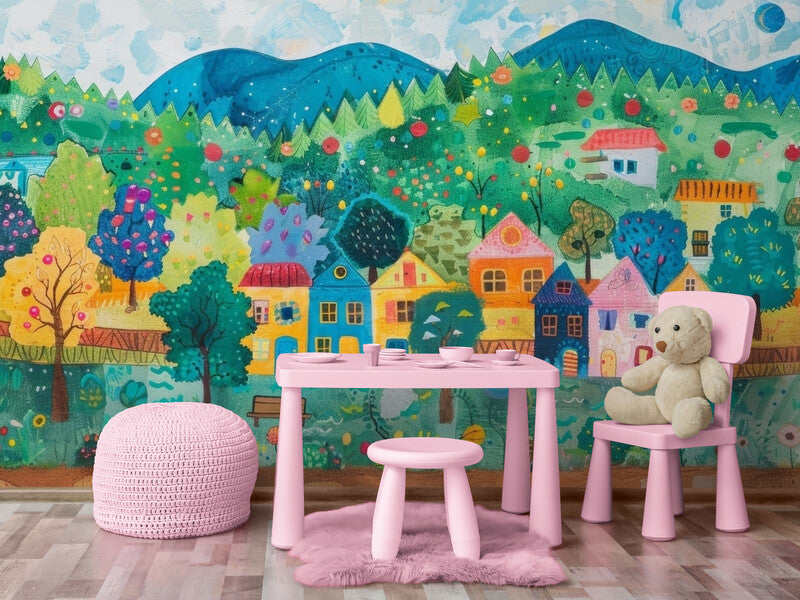 Papier Peint Enfant - Village Coloré Joyeux