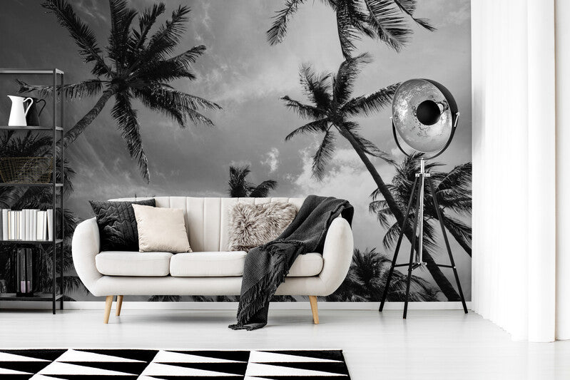 Papier Peint Tropical - Palmiers Jungle Noir Et Blanc
