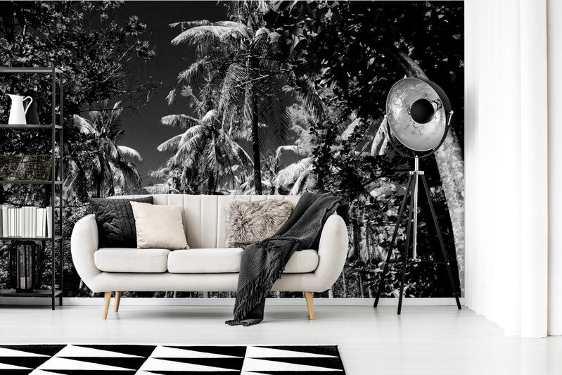 Papier Peint Tropical - Bananiers Et Cocotiers Noir Blanc
