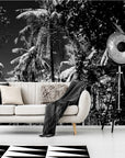 Papier Peint Tropical - Bananiers Et Cocotiers Noir Blanc