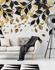 Papier Peint Nature - Feuilles De Noir Et Doré