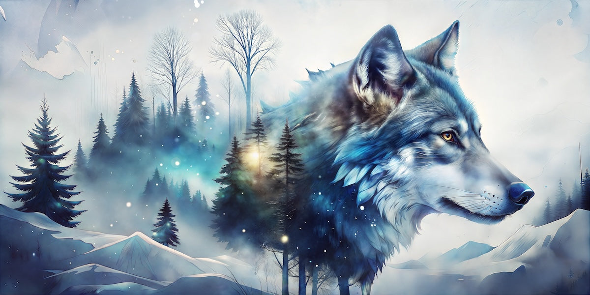 Papier peint animaux - loup mystique dans la forêt enneigée