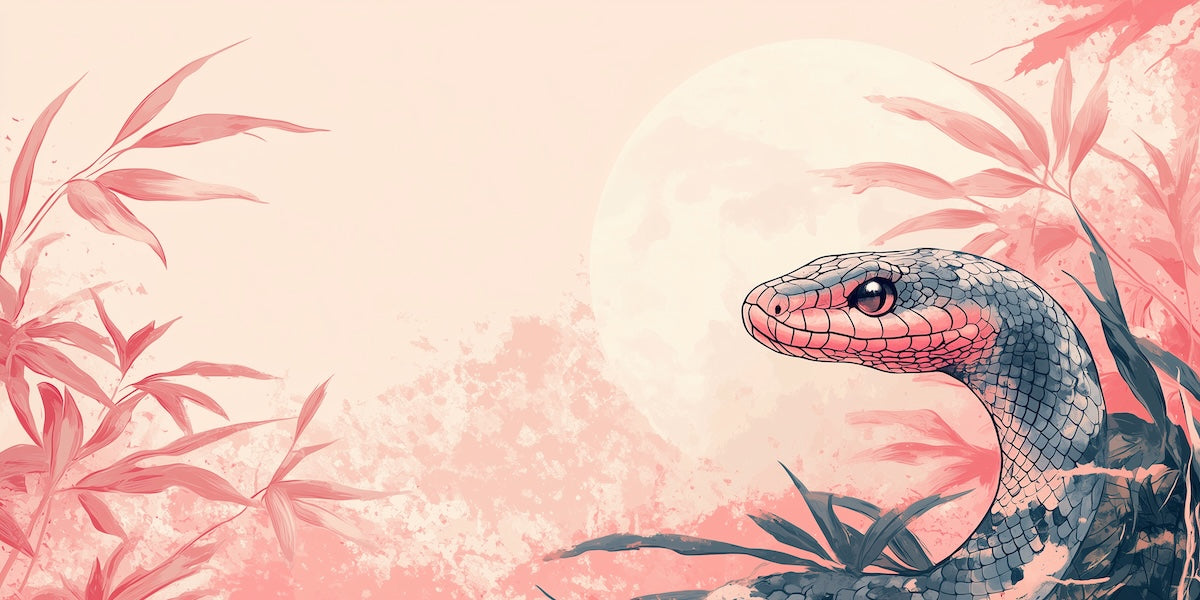 Papier peint animaux - serpent et branches de bambou roses