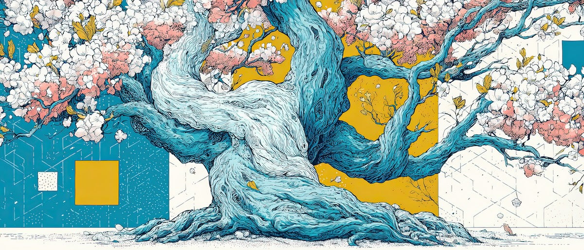 Papier peint nature - arbre bleu abstrait et fleurs de cerisier