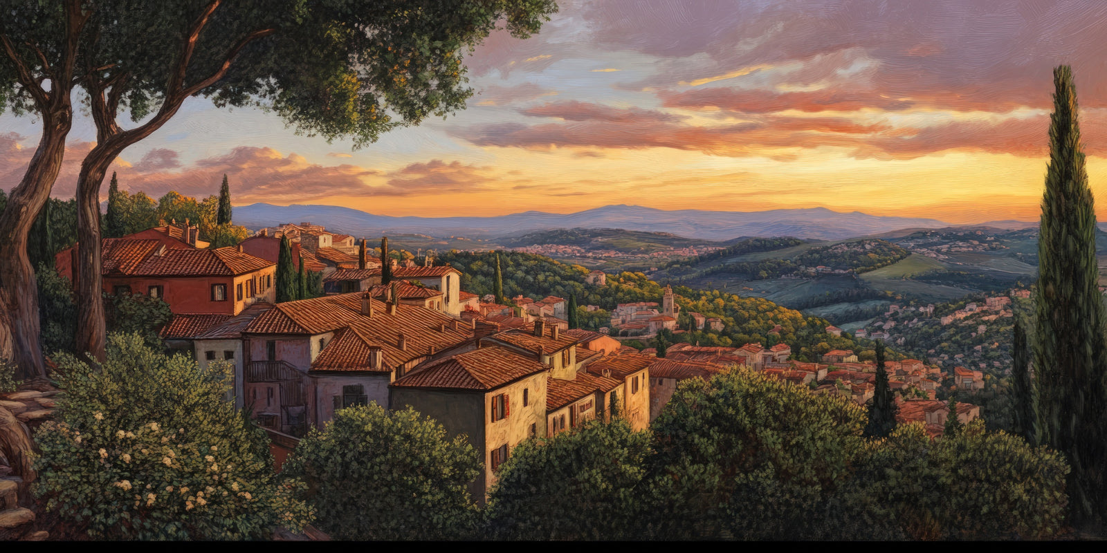 Papier peint campagne - village toscan au crépuscule