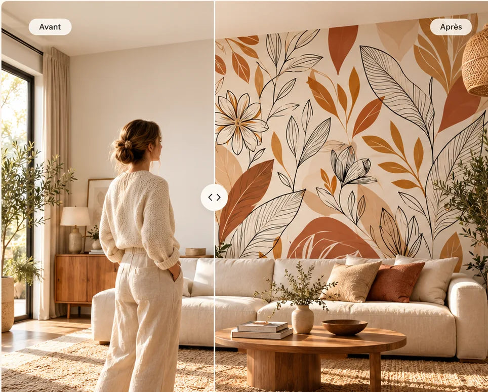 Avant et après : aperçu illustratif d'un papier peint botanique sur un mur