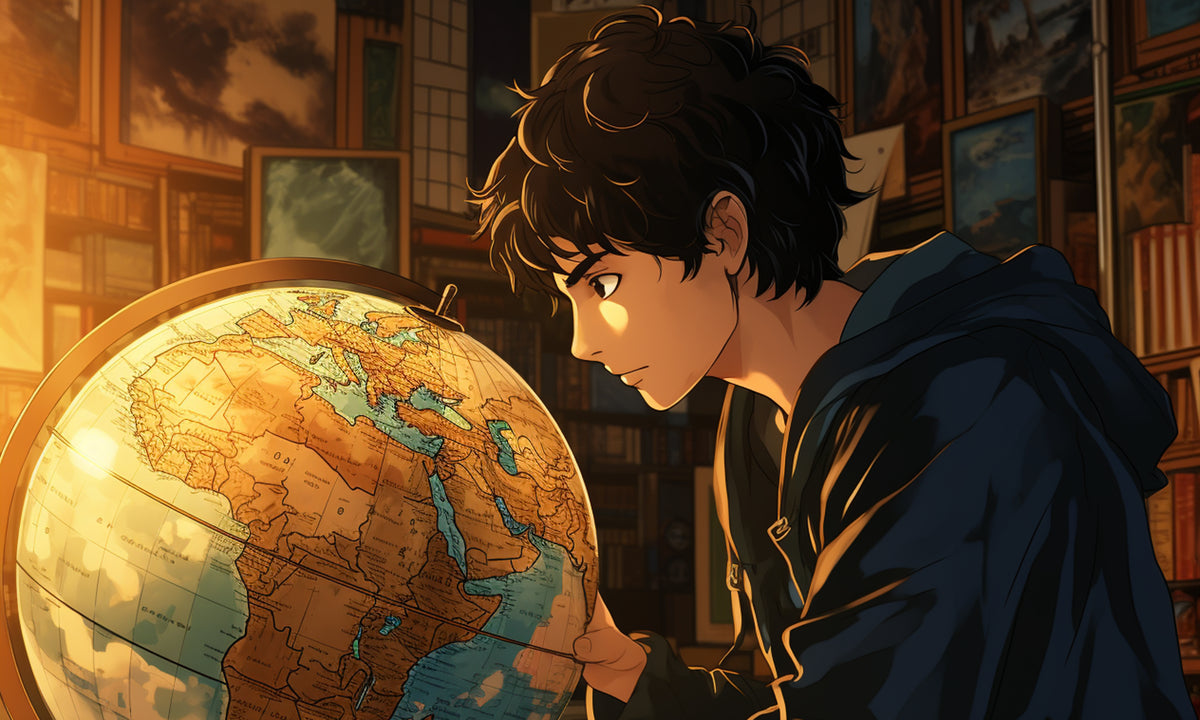 Papier peint enfant - Garçon devant un globe terrestre