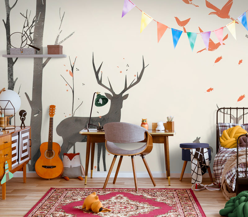 Papier Peint Enfant - Biche Et Cerf