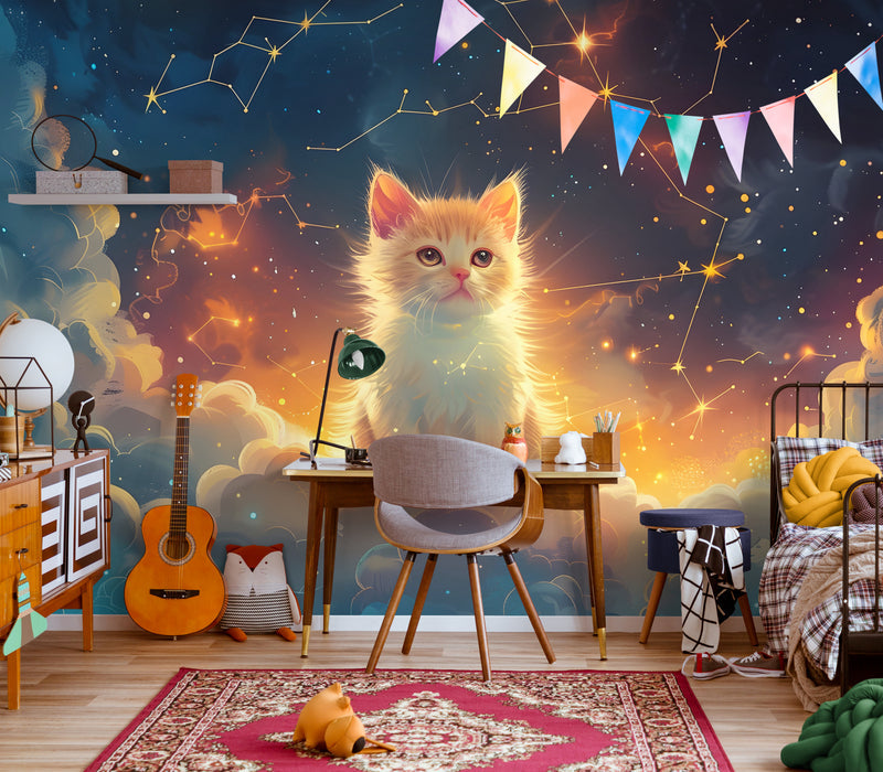 Papier Peint Enfant - Chaton Dans Les Nuages