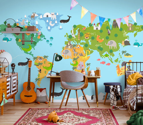 Papier Peint Enfant - Carte du Monde des Animaux