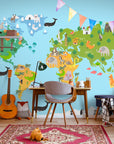 Papier Peint Enfant - Carte Du Monde Des Animaux