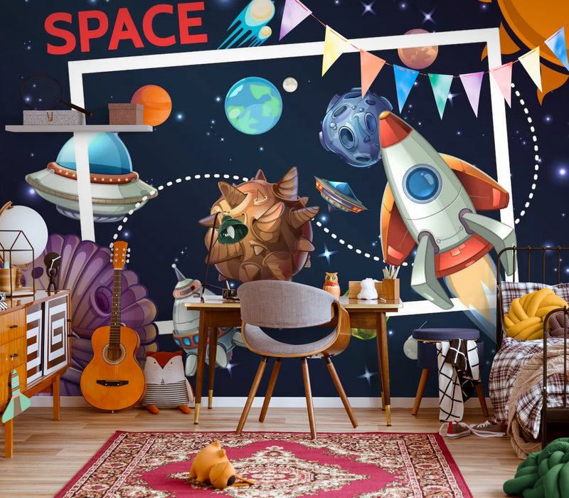 Papier Peint Enfant - Fusée Et Navette Spatiale