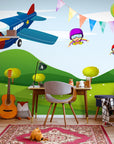 Papier Peint Enfant - Avion Et Montgolfière Colorée