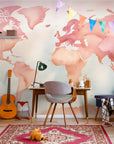 Papier Peint Enfant - Carte Du Monde Fond Rose