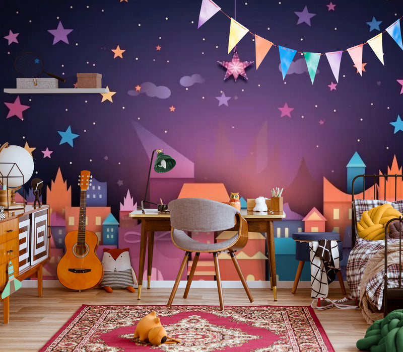 Papier Peint Enfant - Maisons Colorées Et Ciel Étoilé