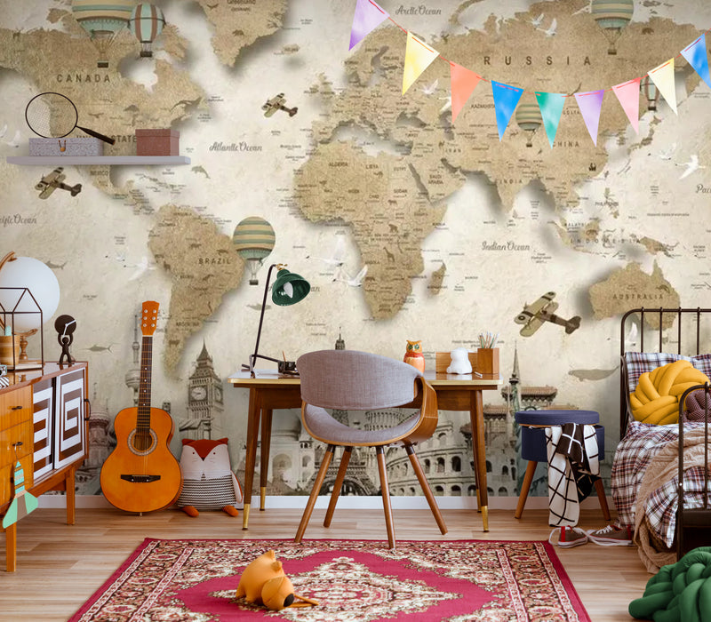Papier Peint Enfant - Carte Du Monde Et Monuments