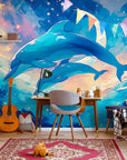 Papier Peint Enfant - Baleine Et Poissons Volants