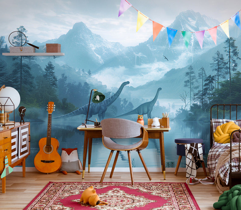 Papier Peint Enfant - Montagnes Et Dinosaure
