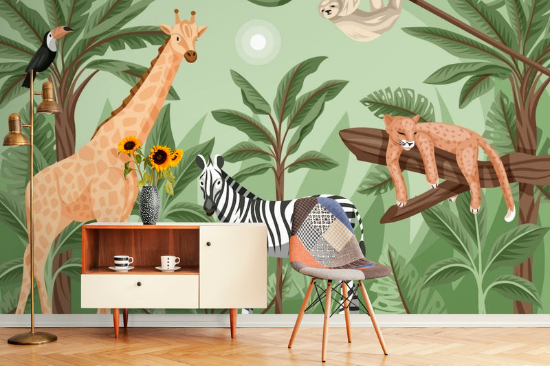 Papier Peint Jungle - Léopard Zèbre Et Girafe