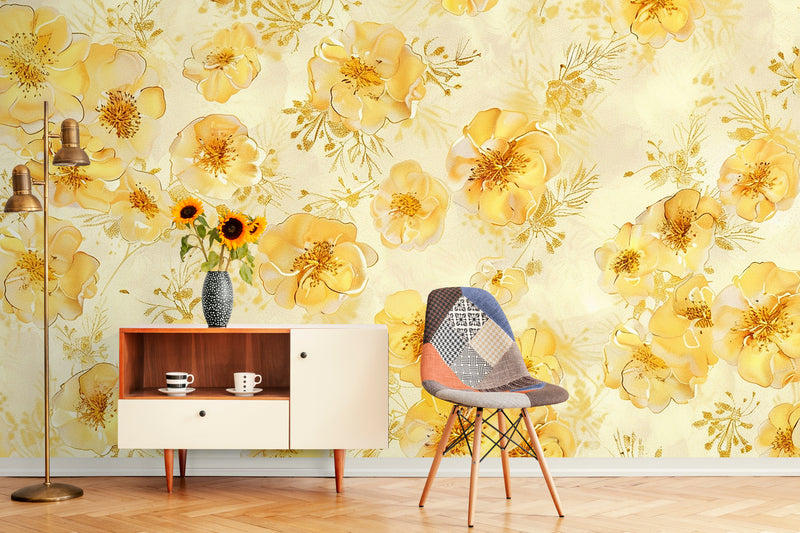 Papier Peint Vintage - Floral Jaune Éclatant