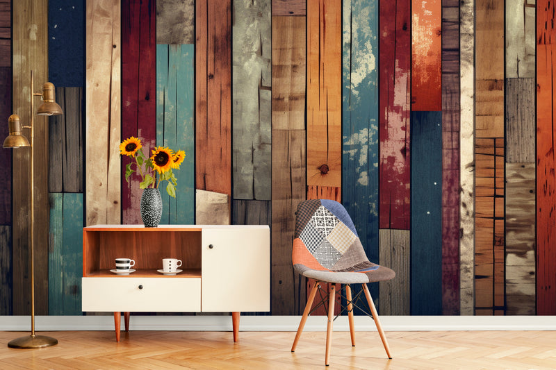 Papier Peint Vintage - Planches De Bois Colorées