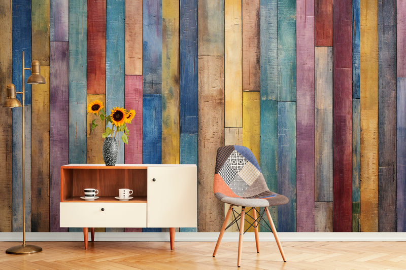 Papier Peint Imitation - Planches De Bois Multicolore