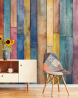 Papier Peint Imitation - Planches De Bois Multicolore