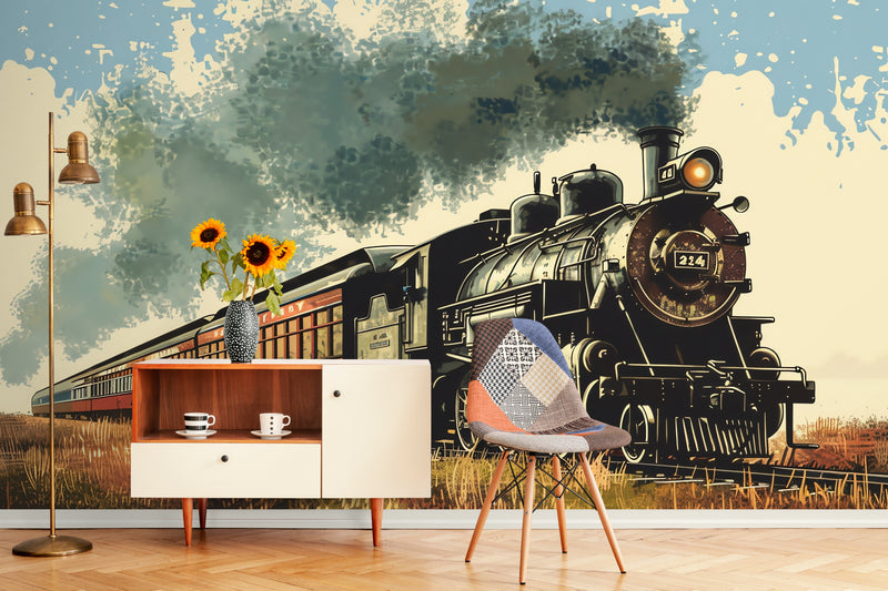 Papier Peint Vintage - Train Noir Et Rouge