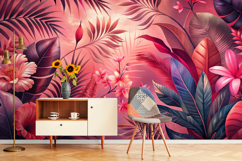 Papier Peint Vintage - Feuillage Tropical Rose