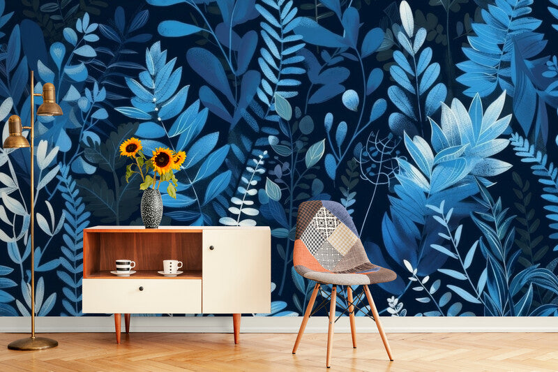 Papier Peint Nature - Feuillage Bleu