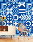Papier Peint Vintage - Carreaux De Ciment Bleu