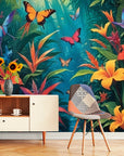 Papier Peint Abstrait - Feuillage Tropical Et Papillons