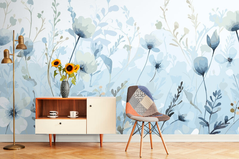 Papier Peint Abstrait - Fleurs Bleues Pastel