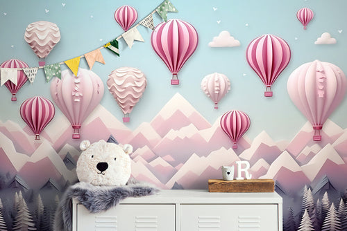 Papier Peint Enfant - Nuages et Montgolfières Roses