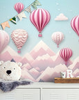 Papier Peint Enfant - Nuages Et Montgolfières Roses