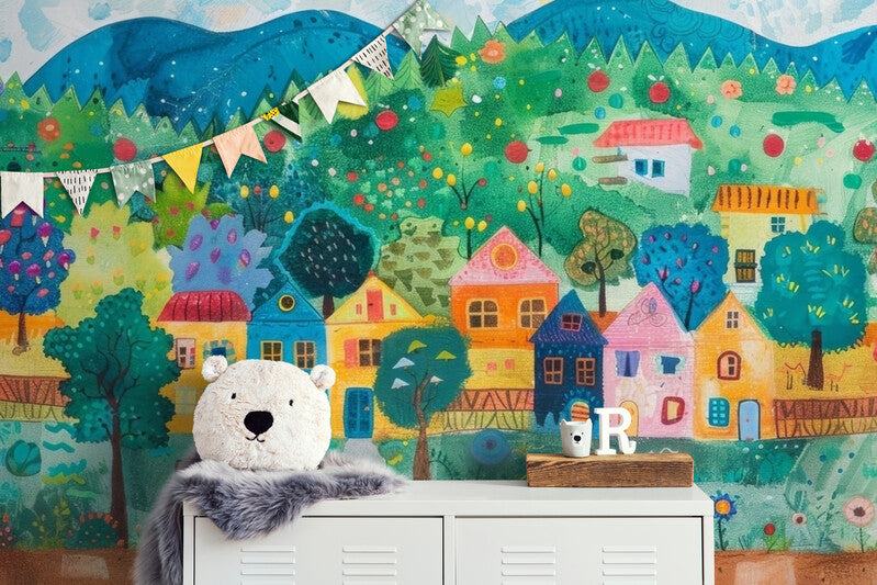 Papier Peint Enfant - Village Coloré Joyeux
