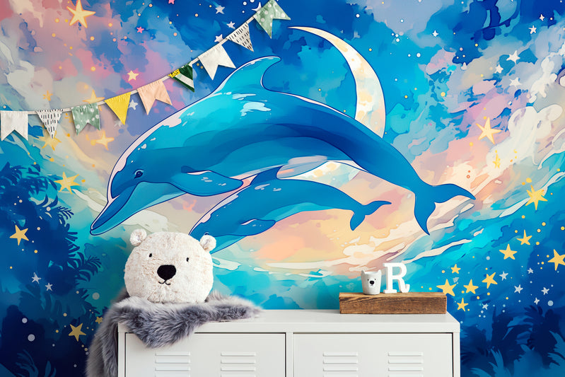 Papier Peint Enfant - Baleine Et Poissons Volants