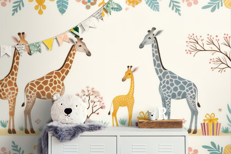 Papier Peint Enfant - Girafes Et Arc-En-Ciel