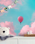 Papier Peint Enfant - Montgolfières Et Ciel Rose