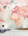 Papier Peint Enfant - Carte Du Monde Fond Rose
