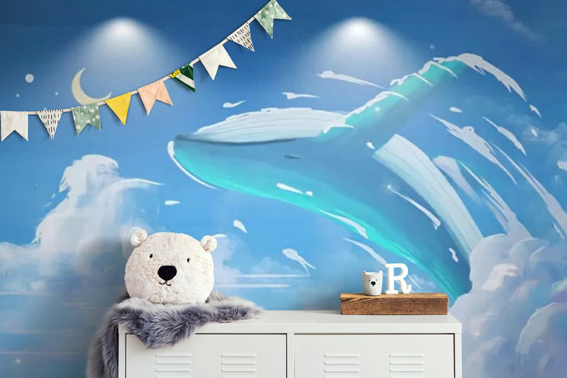 Papier Peint Enfant - Baleine Bleue Dans Les Nuages Nocturnes