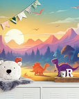 Papier Peint Enfant - Coucher De Soleil Dinosaures
