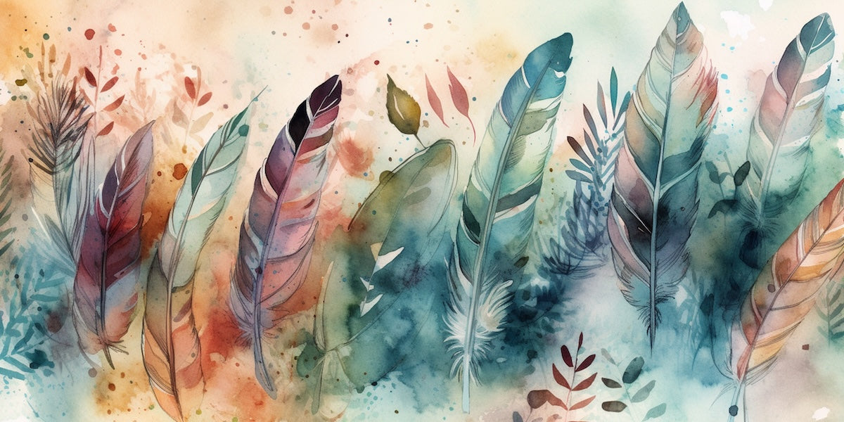 Papier peint boho - pluie de plumes légères aquarelle