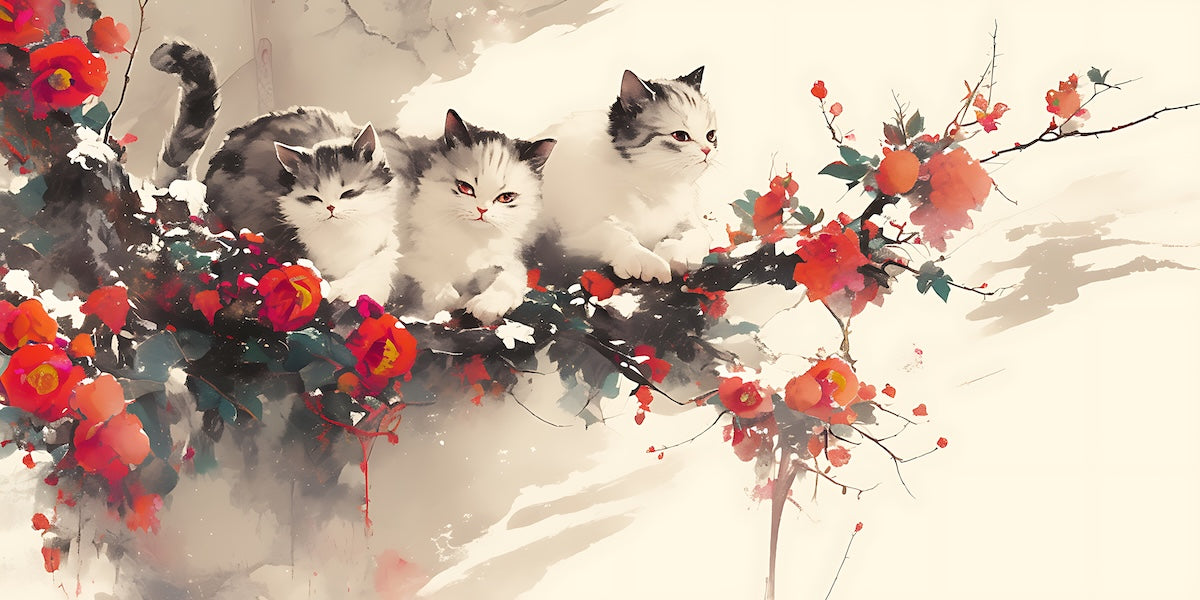 Papier peint animaux - petits chats blancs et fleurs rouges