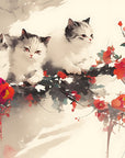 Papier peint animaux - petits chats blancs et fleurs rouges