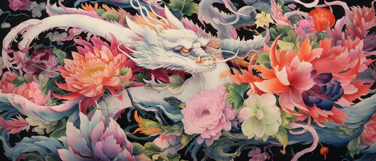 Papier peint animaux - dragon blanc au milieu de fleurs roses
