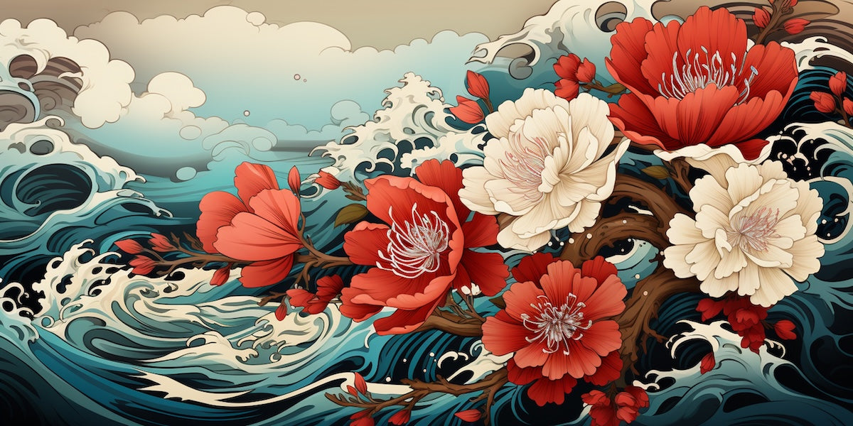 Papier peint nature - vagues japonaises et fleurs de cerisier blanches