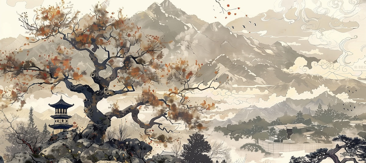 Papier peint nature - estampe asiatique de montagne et pagode