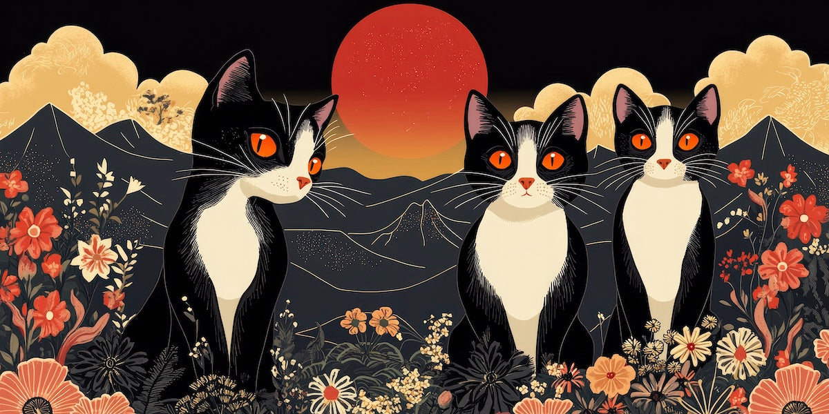 Papier peint animaux - trois chats noirs devant une lune rouge